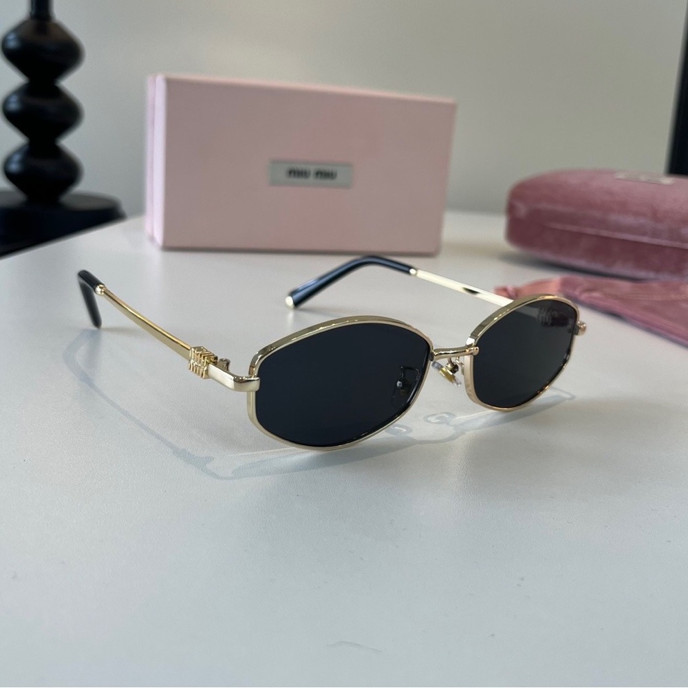 Miu Miu Gold Frame Black Lens Oval Women's Sunglasses